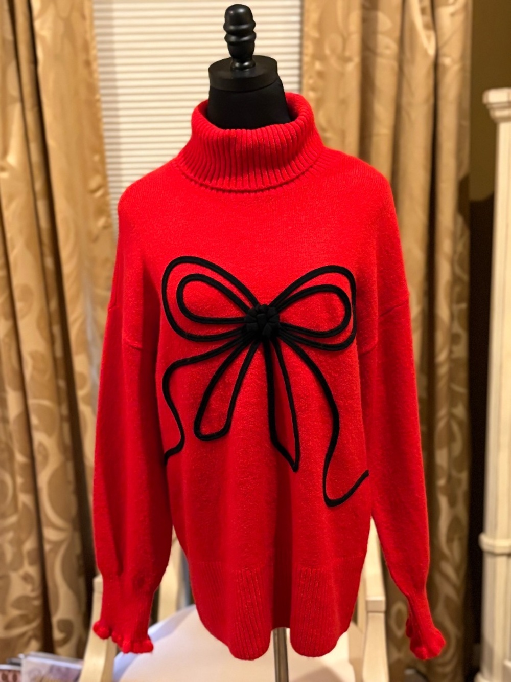 CECE Holiday Red Sweater With Black Bow Sz S